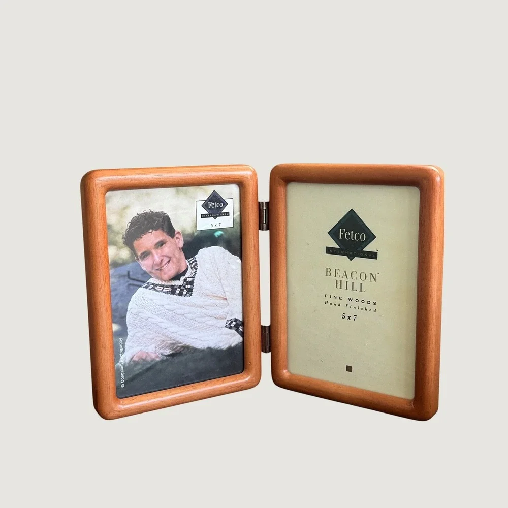 Vintage Teak Wood Double Hinged 5x7 Picture Frame Rounded Corners